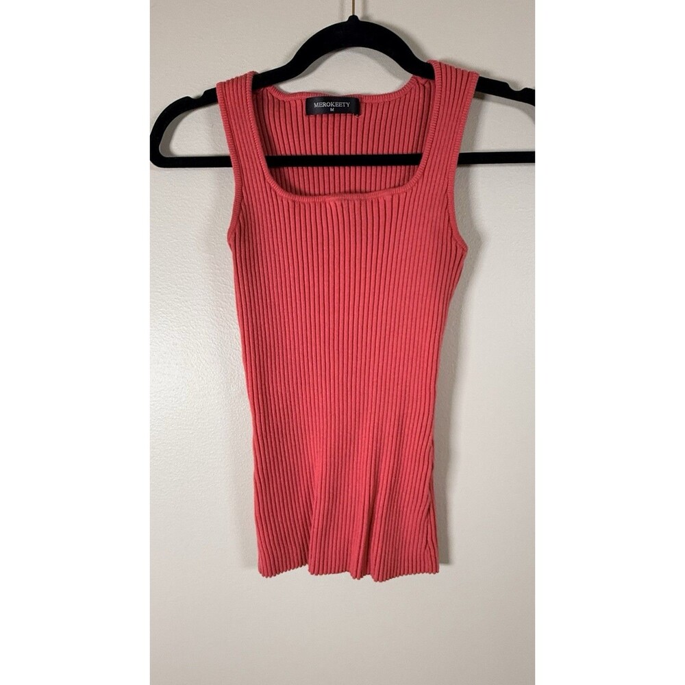 MEROKEETY Womens Pink Ribbed Knit Square Neck Sleeveless Tank Top - M